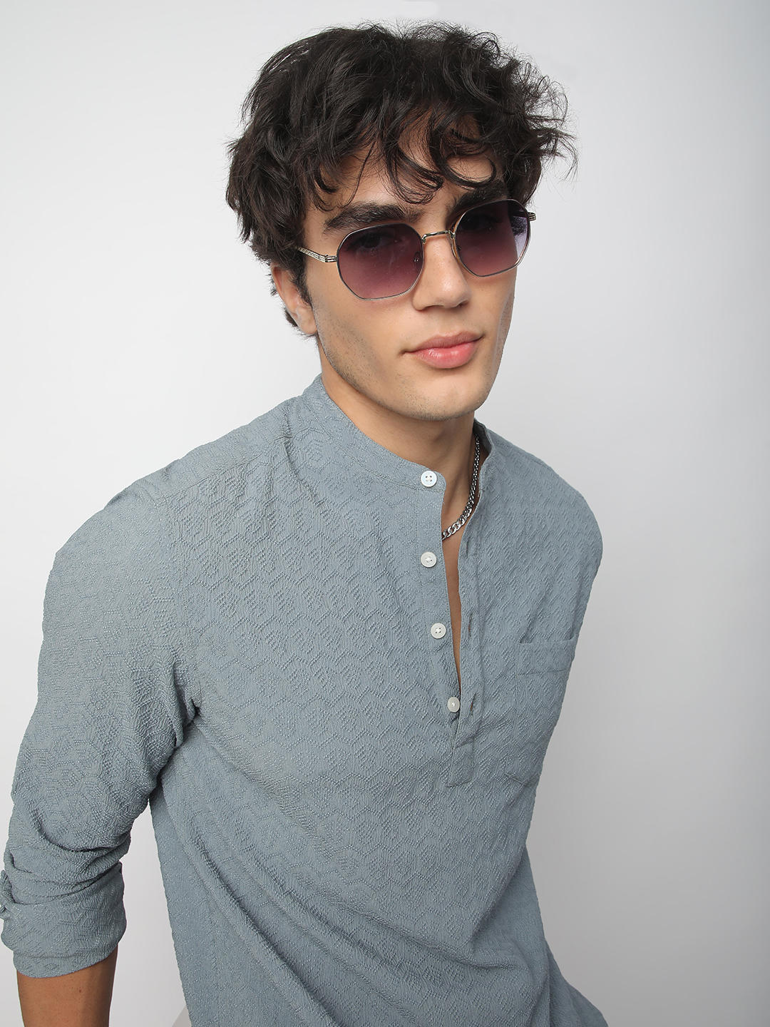 Cadet Grey Zig-Zag Jacquard Kurta