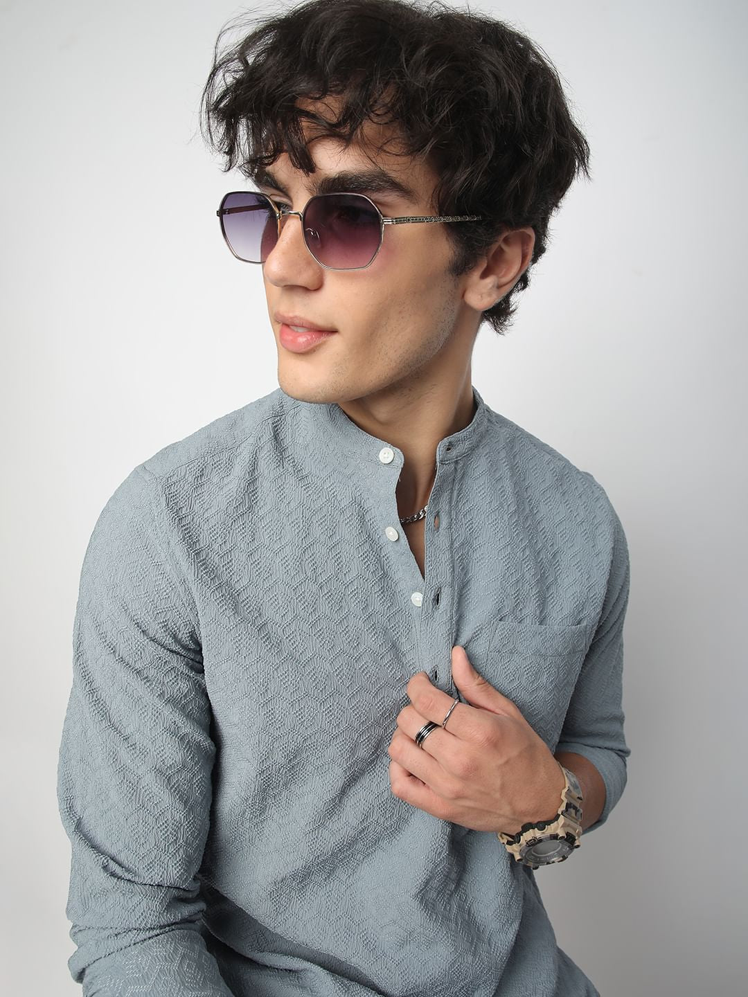 Cadet Grey Zig-Zag Jacquard Kurta