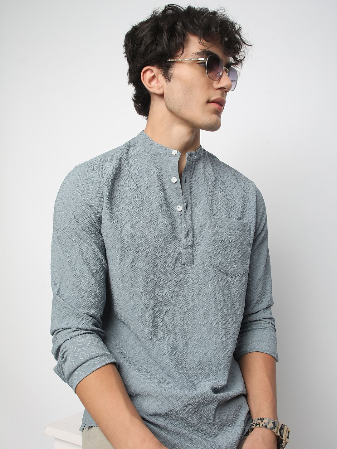 Cadet Grey Zig-Zag Jacquard Kurta