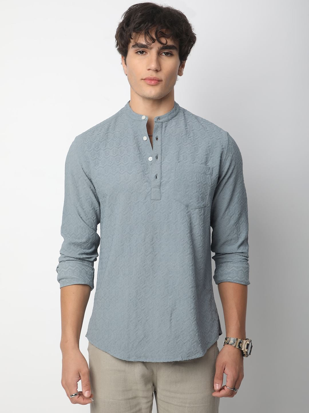 Cadet Grey Zig-Zag Jacquard Kurta