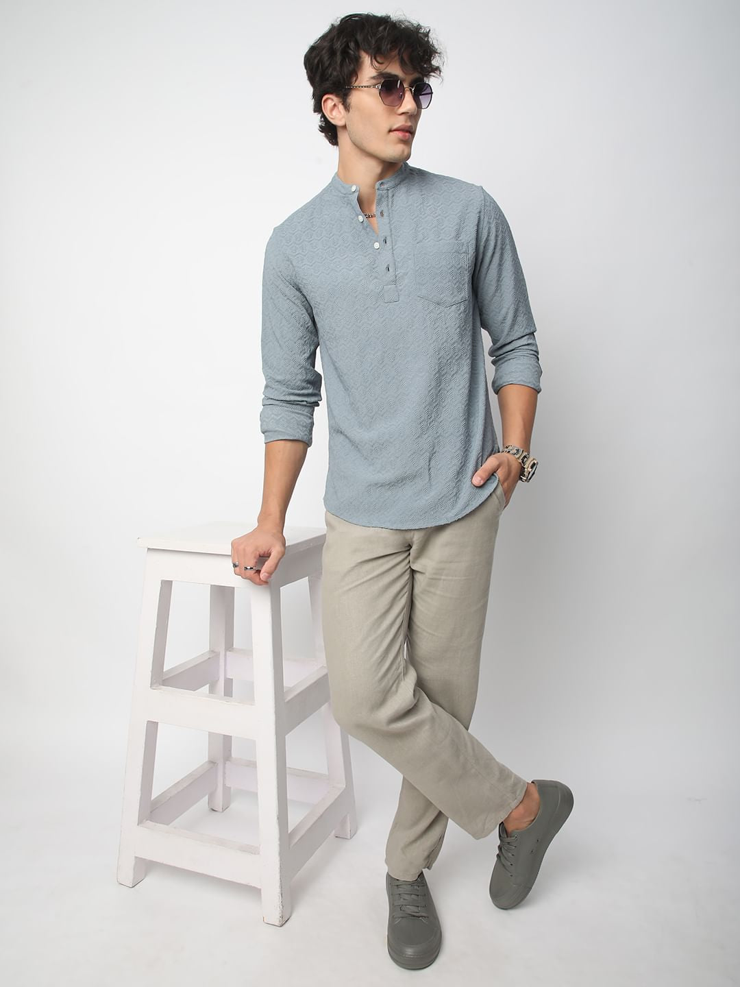 Cadet Grey Zig-Zag Jacquard Kurta