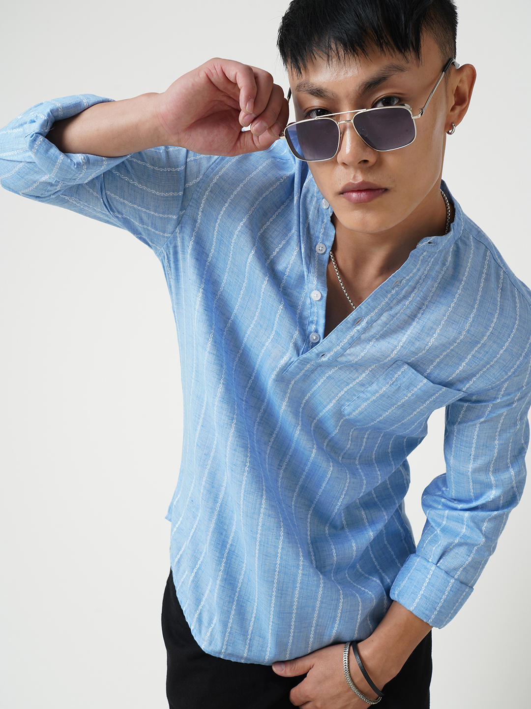 Sky Blue Dobby Striped Kurta