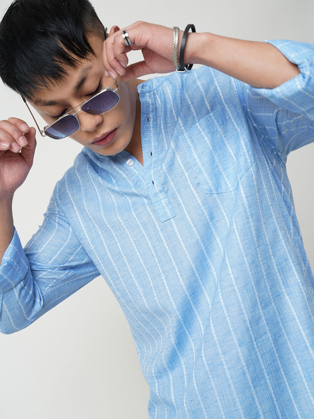 Sky Blue Dobby Striped Kurta