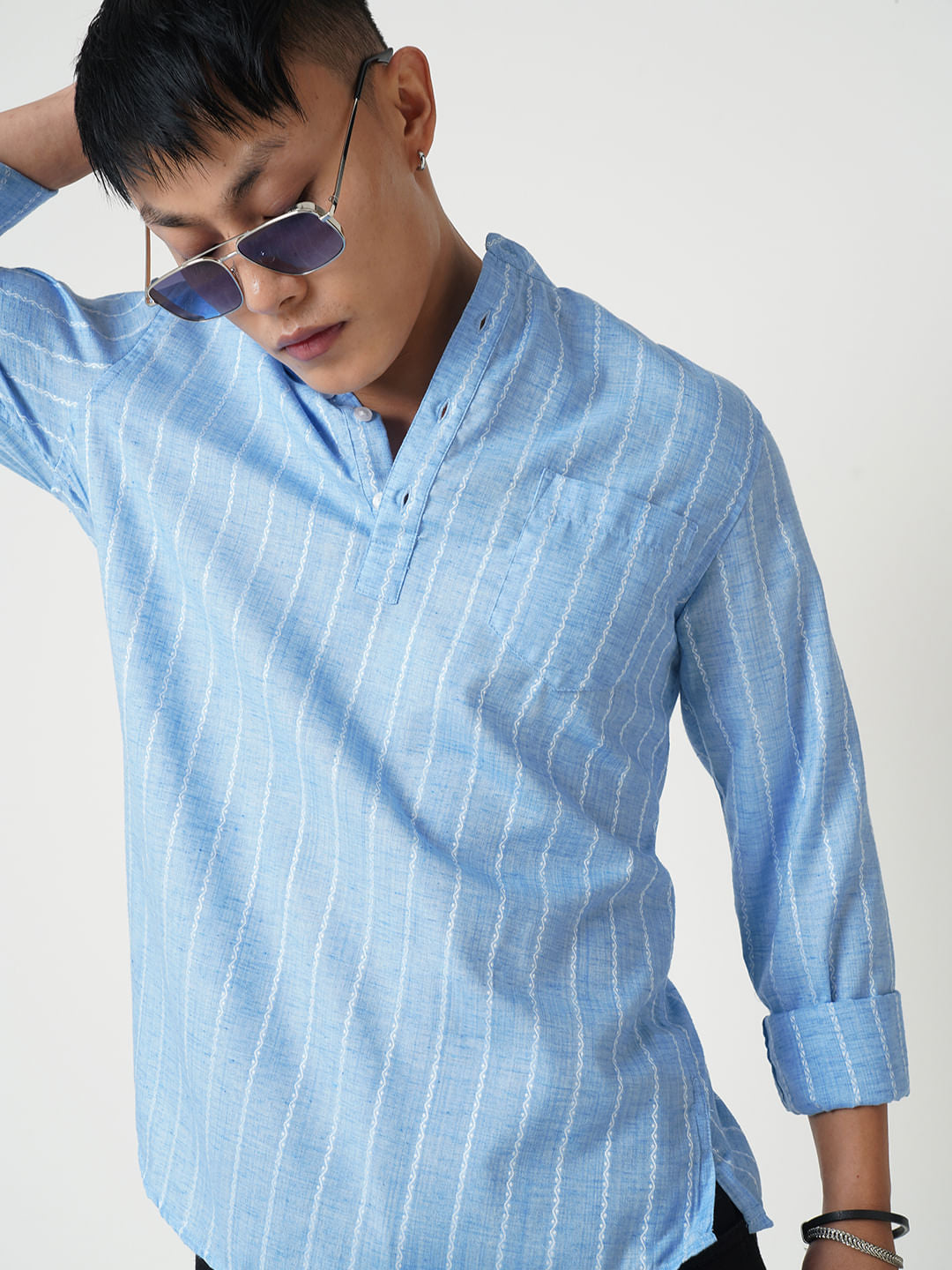 Sky Blue Dobby Striped Kurta