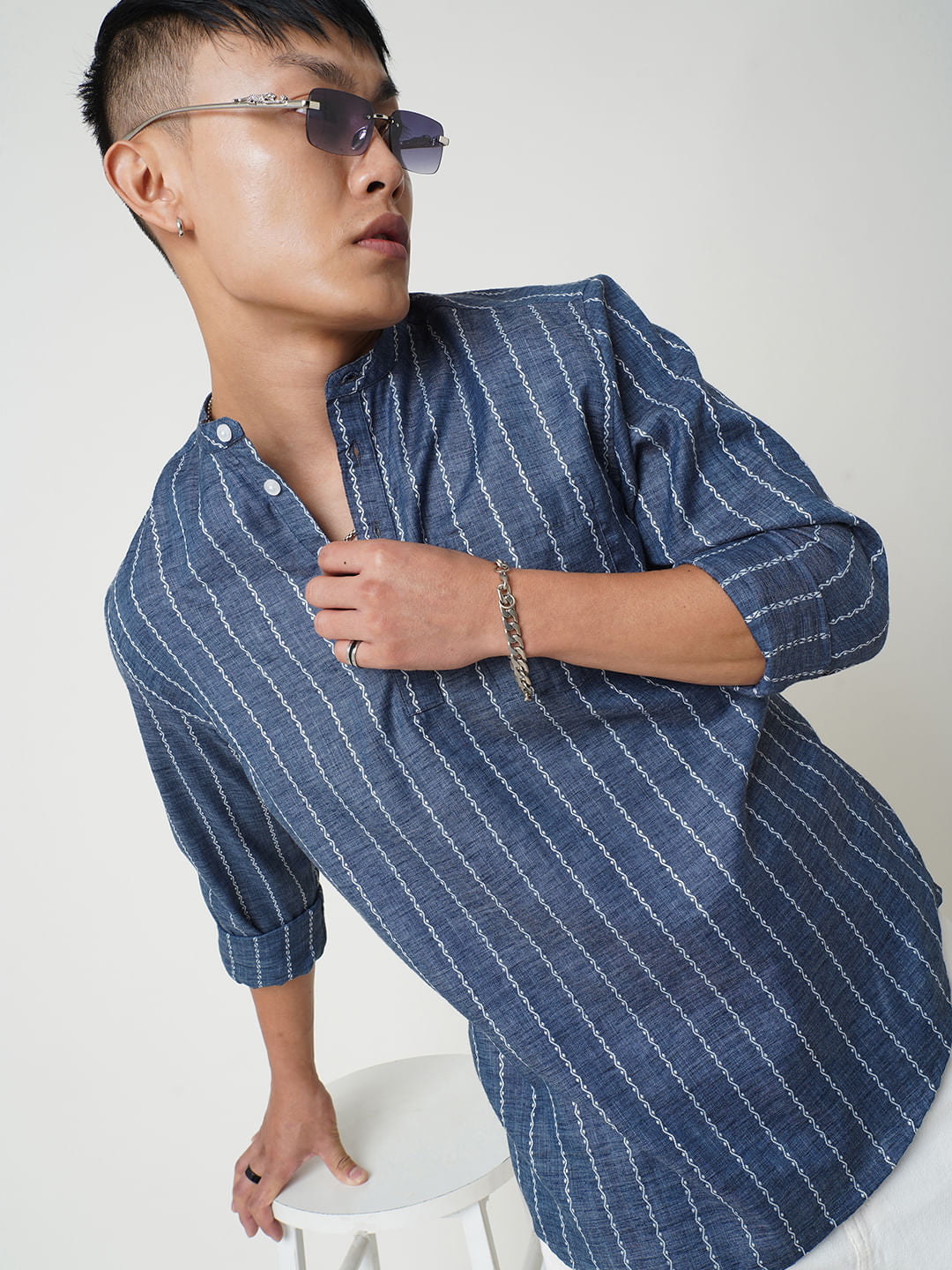 Navy Blue Dobby Striped Kurta