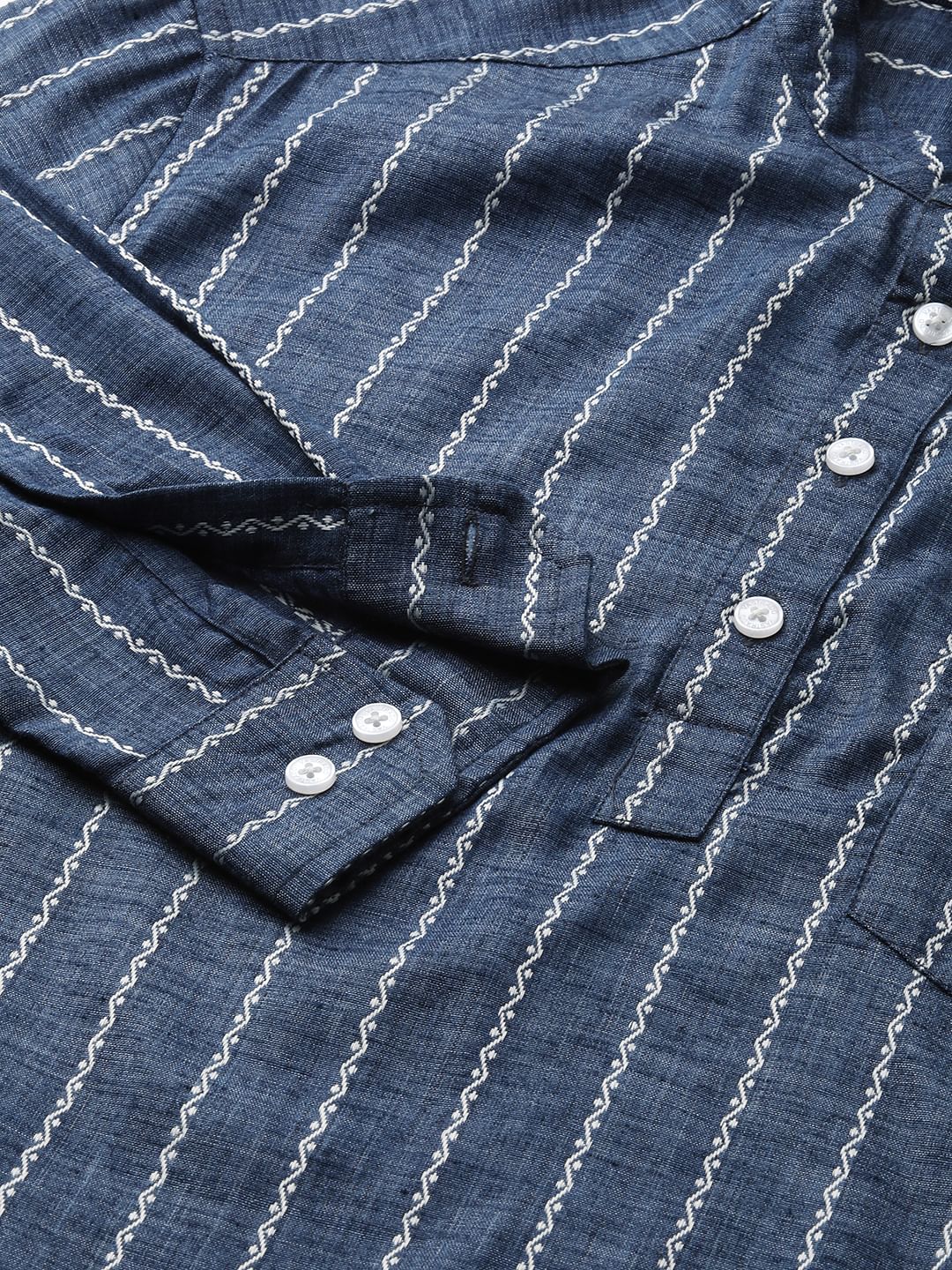 Navy Blue Dobby Striped Kurta