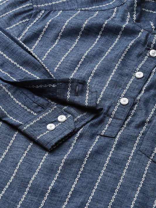 Navy Blue Dobby Striped Kurta