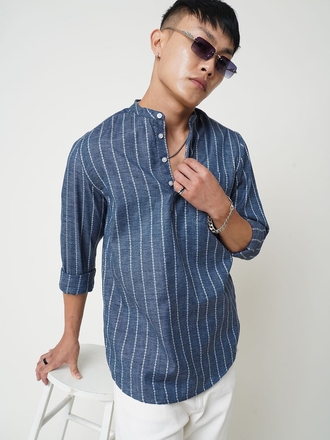 Navy Blue Dobby Striped Kurta