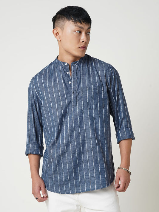 Navy Blue Dobby Striped Kurta