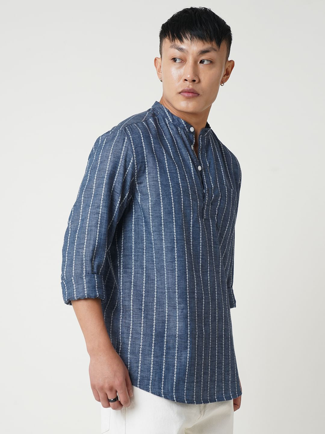 Navy Blue Dobby Striped Kurta