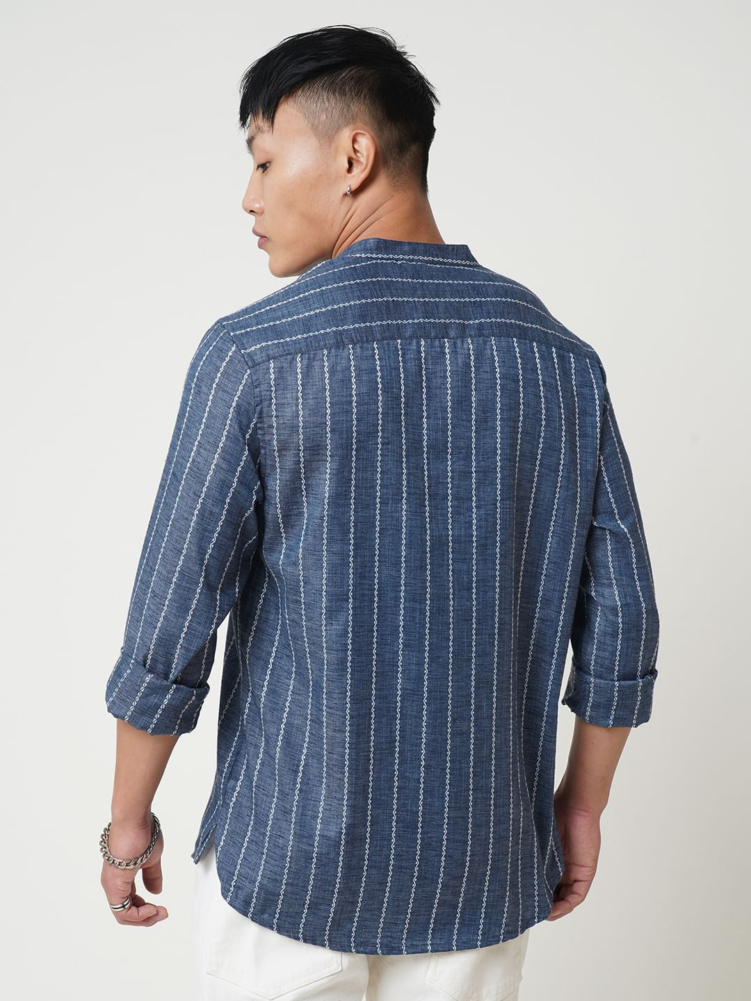 Navy Blue Dobby Striped Kurta