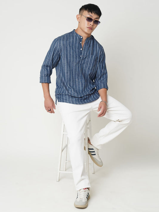 Navy Blue Dobby Striped Kurta