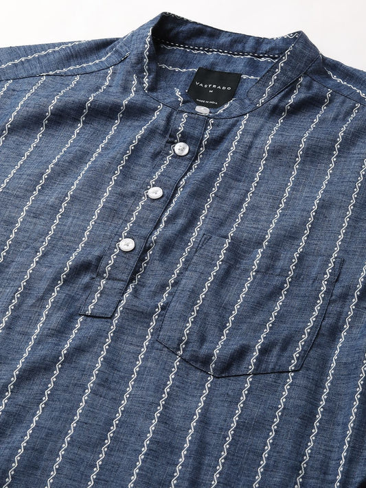 Navy Blue Dobby Striped Kurta