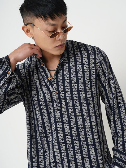 Navy & Golden Ethnic Motifs Printed Kurta