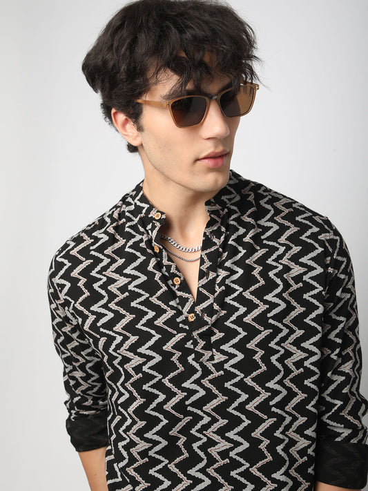 Black Ikat Printed Kurta