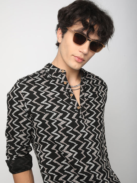 Black Ikat Printed Kurta