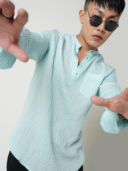 Turquoise Jacquard Crushed Kurta
