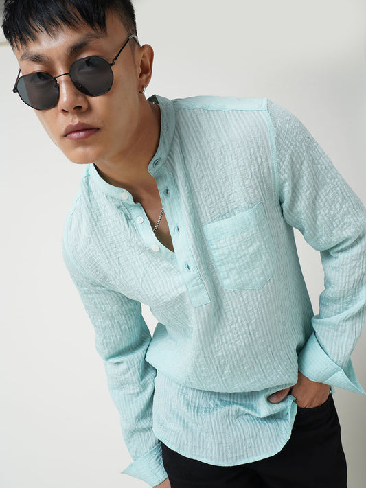 Turquoise Jacquard Crushed Kurta