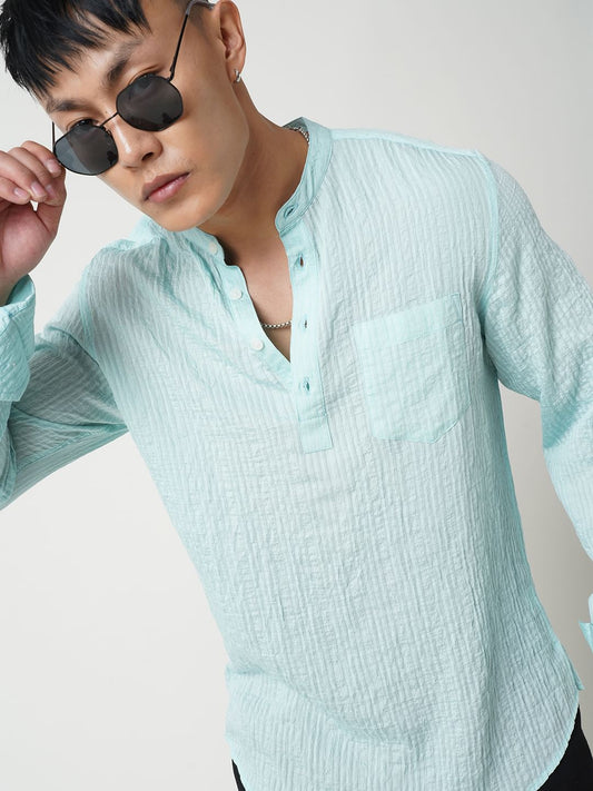 Turquoise Jacquard Crushed Kurta