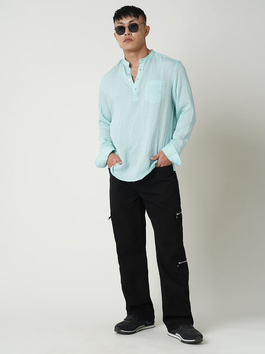 Turquoise Jacquard Crushed Kurta