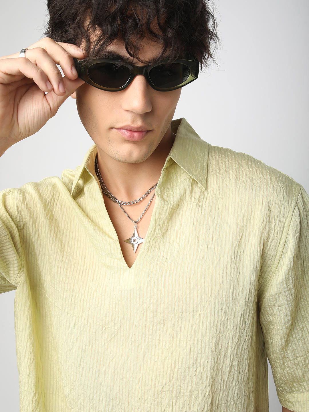 Lime Green Stripe Oversized Polo Crinkled Shirt