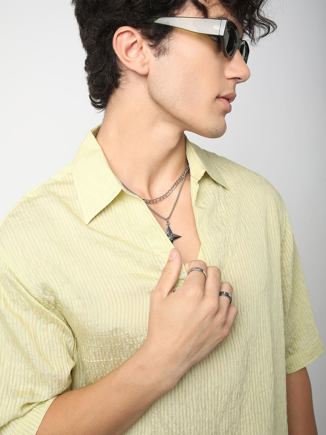 Lime Green Stripe Oversized Polo Crinkled Shirt