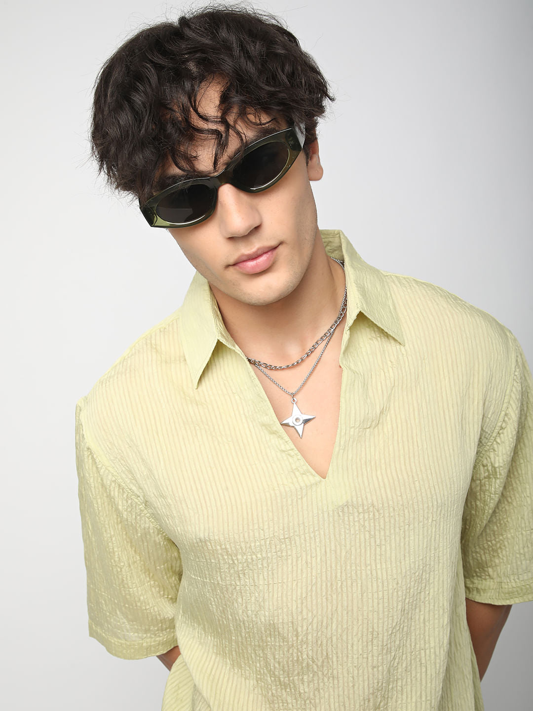 Lime Green Stripe Oversized Polo Crinkled Shirt