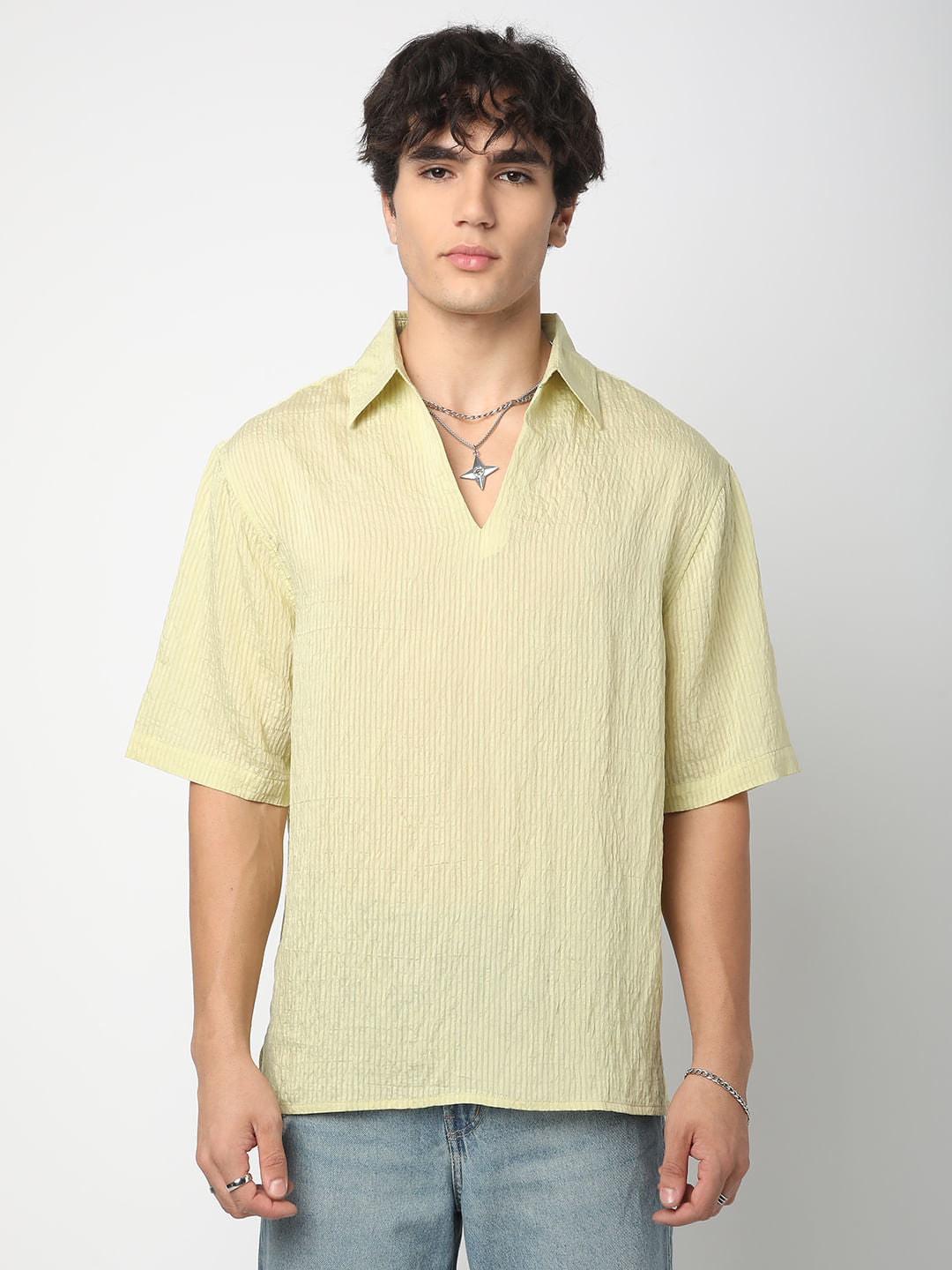 Lime Green Stripe Oversized Polo Crinkled Shirt