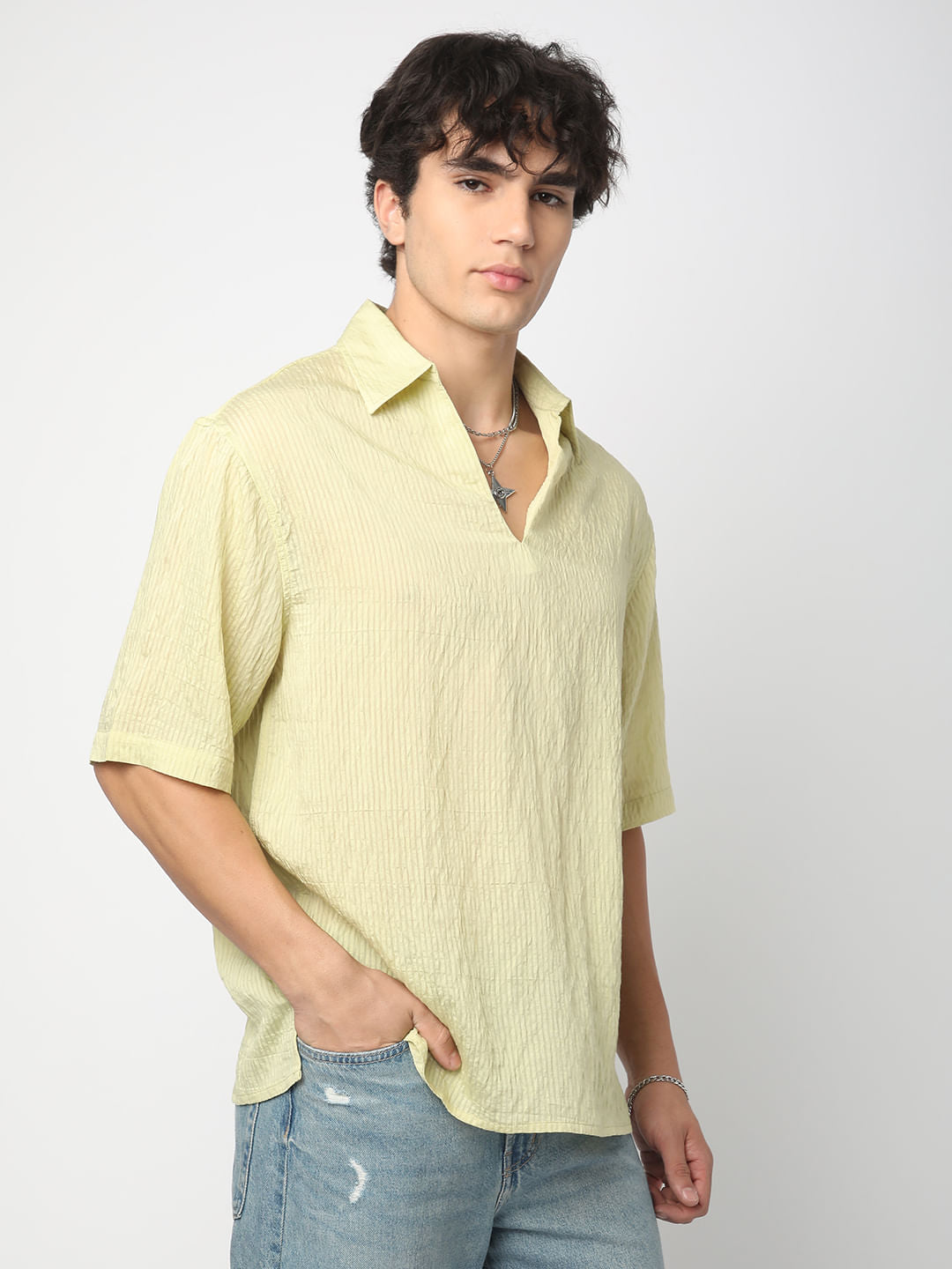 Lime Green Stripe Oversized Polo Crinkled Shirt