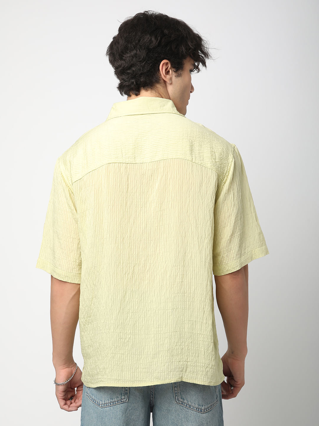 Lime Green Stripe Oversized Polo Crinkled Shirt