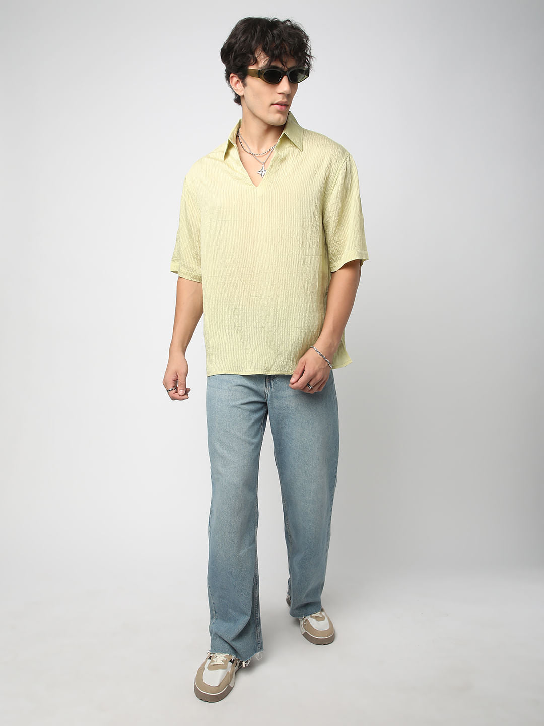 Lime Green Stripe Oversized Polo Crinkled Shirt