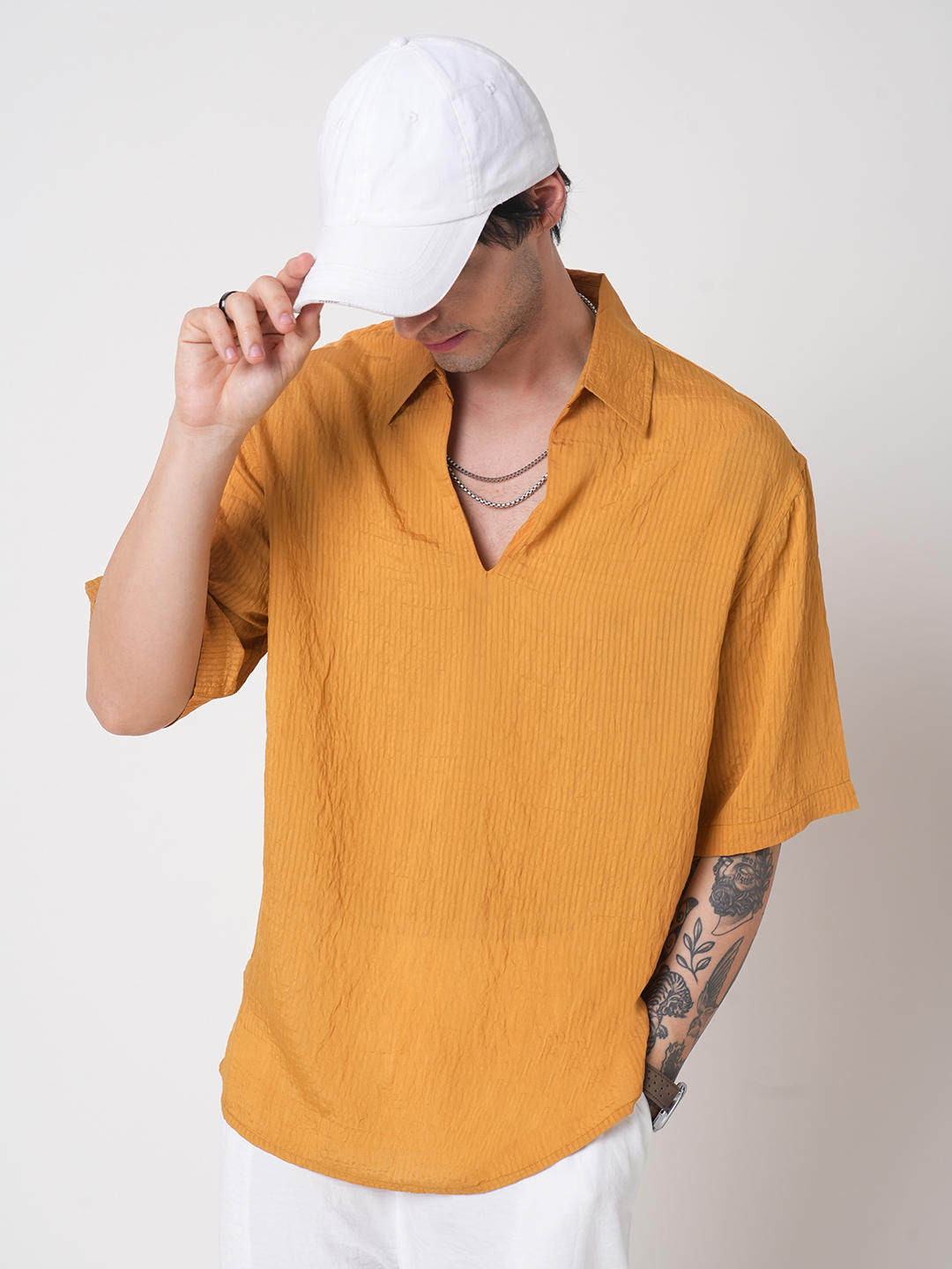 Apricot Stripe Oversized Polo Crinkled Shirt