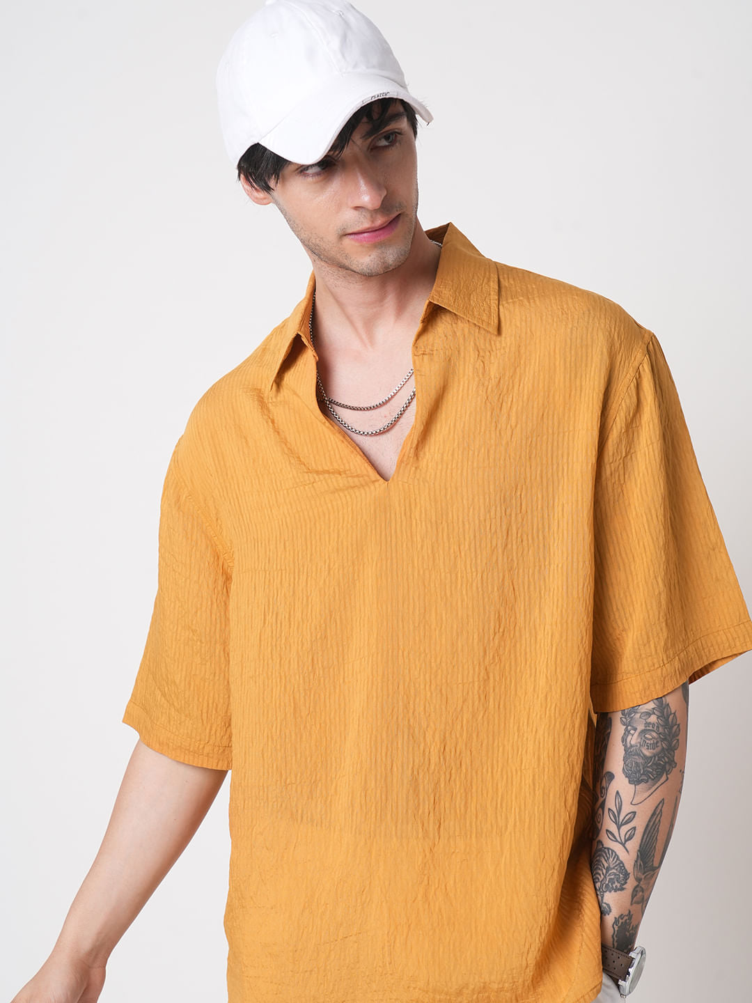 Apricot Stripe Oversized Polo Crinkled Shirt