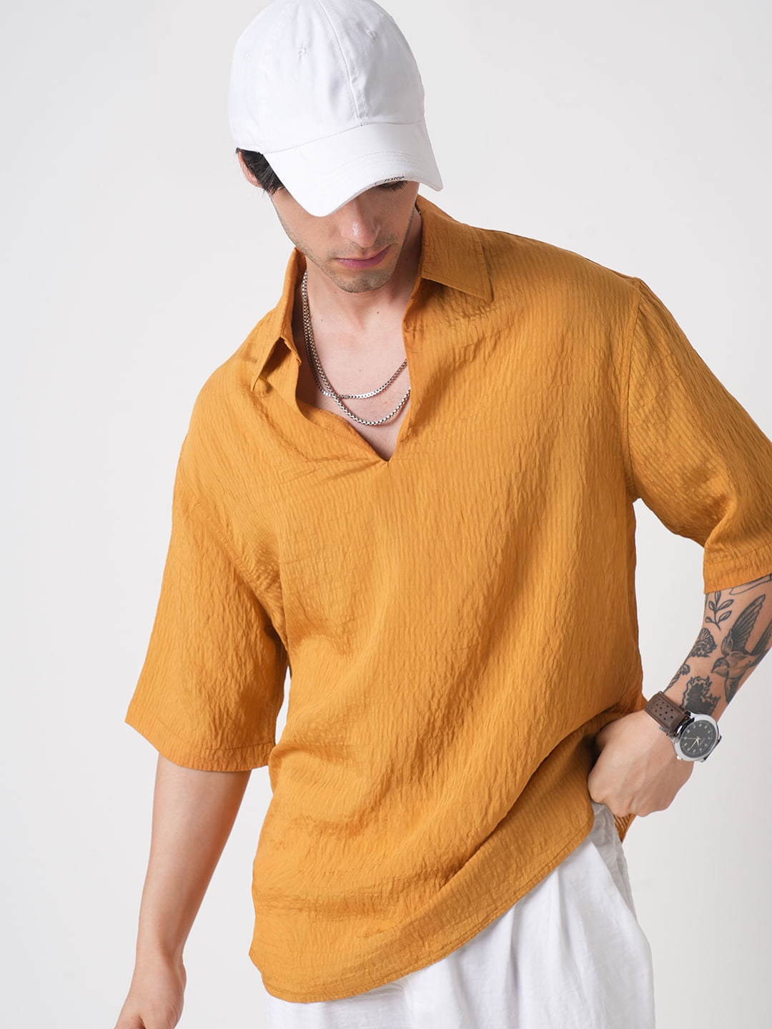 Apricot Stripe Oversized Polo Crinkled Shirt