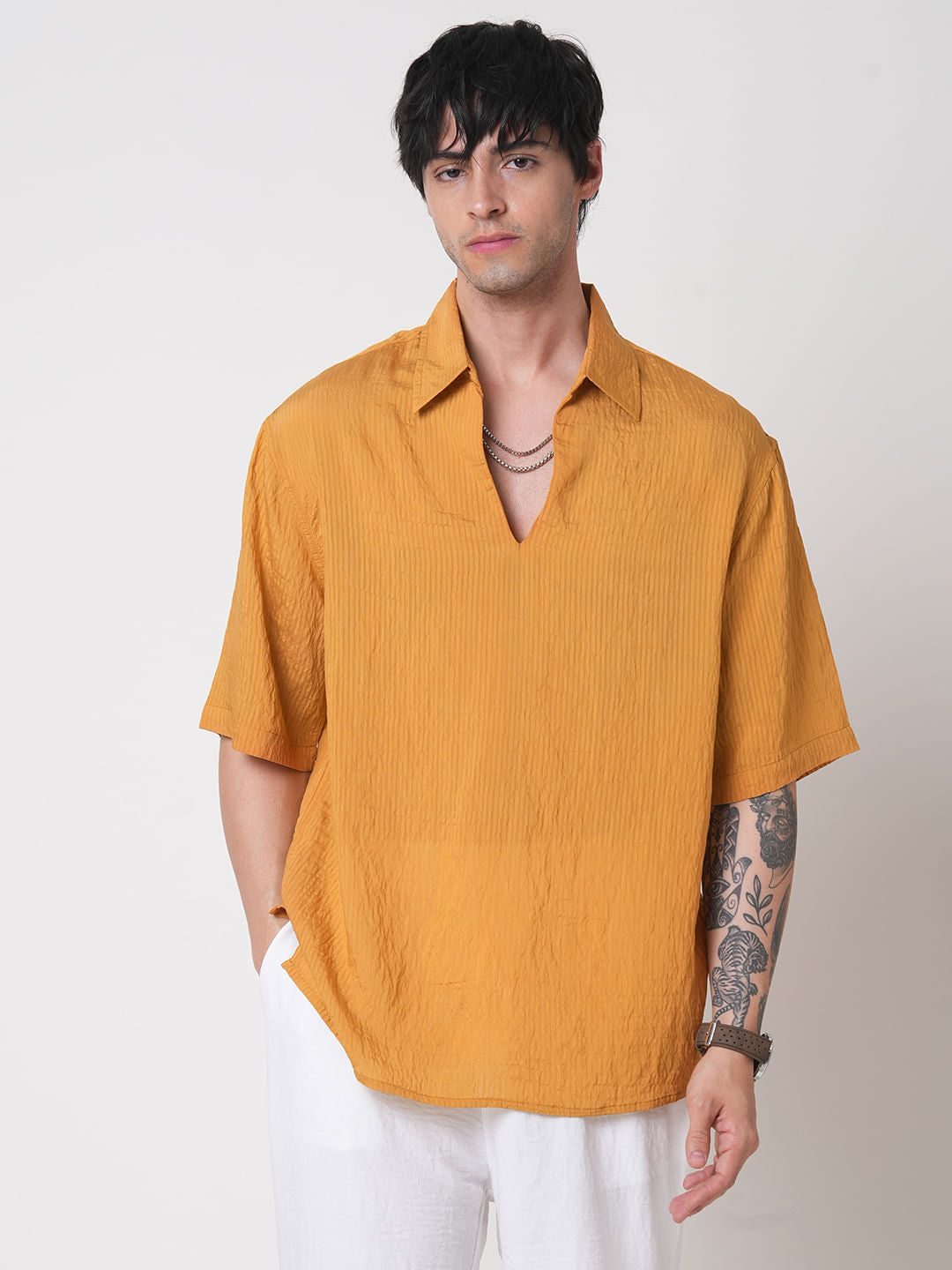 Apricot Stripe Oversized Polo Crinkled Shirt
