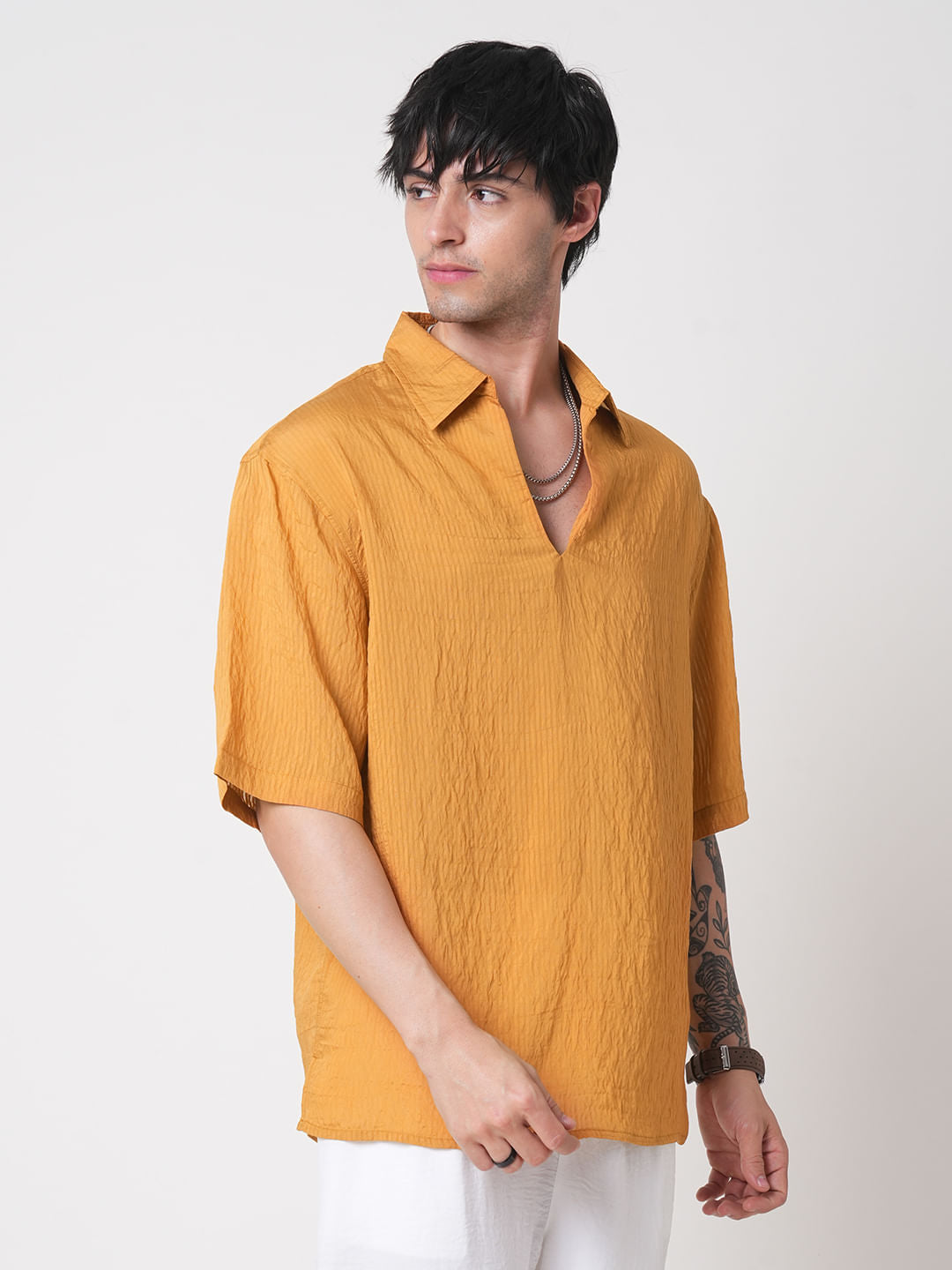 Apricot Stripe Oversized Polo Crinkled Shirt