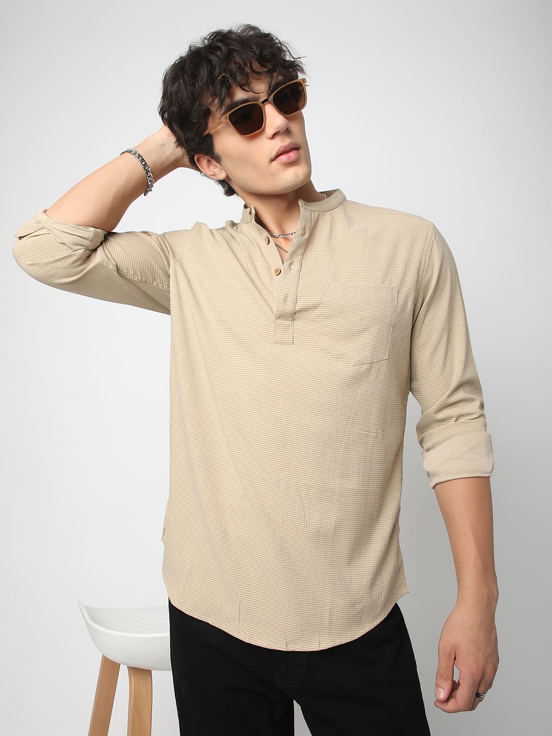 Tan Beige Horizontal Striped Seersucker Kurta