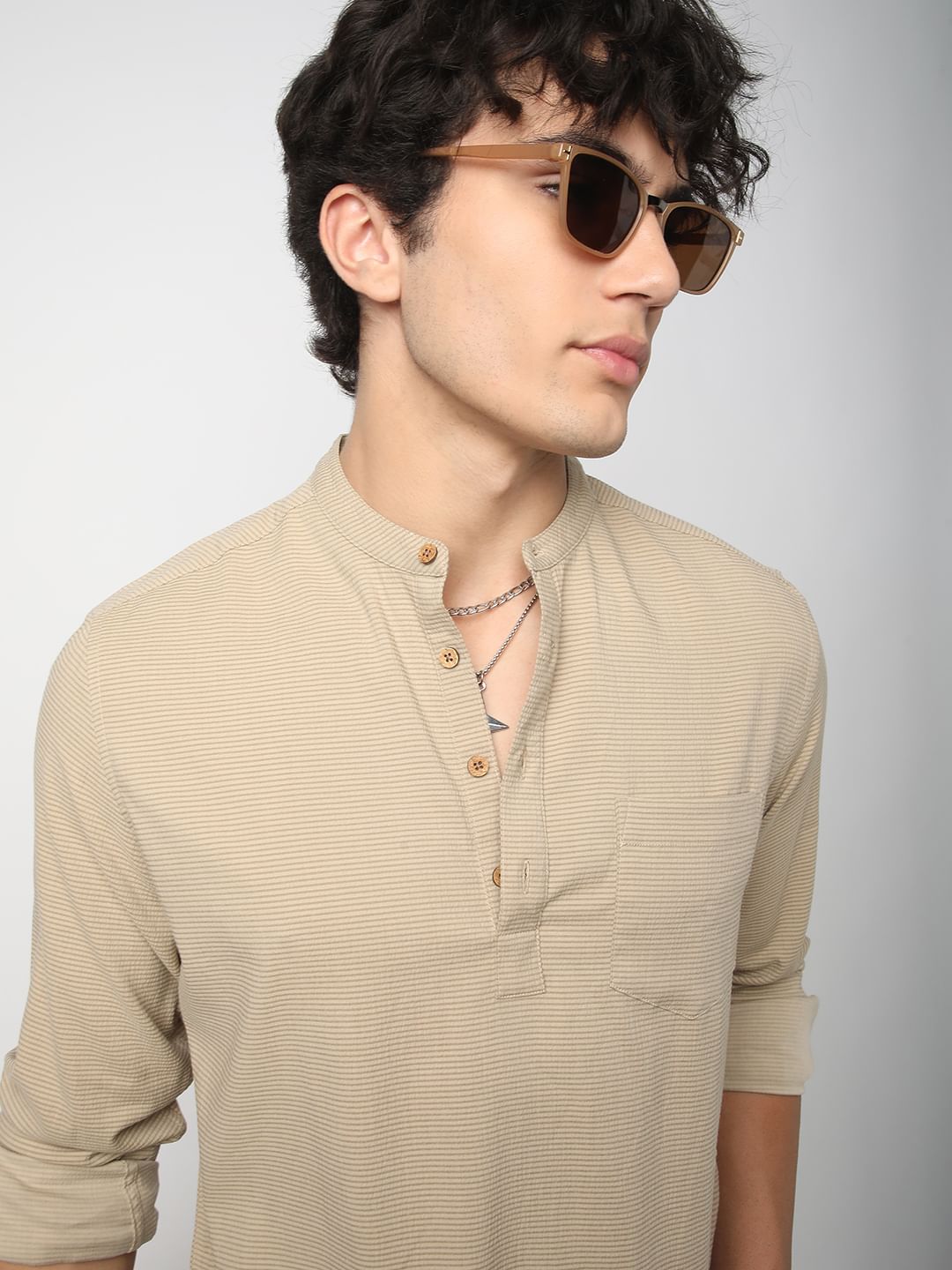 Tan Beige Horizontal Striped Seersucker Kurta