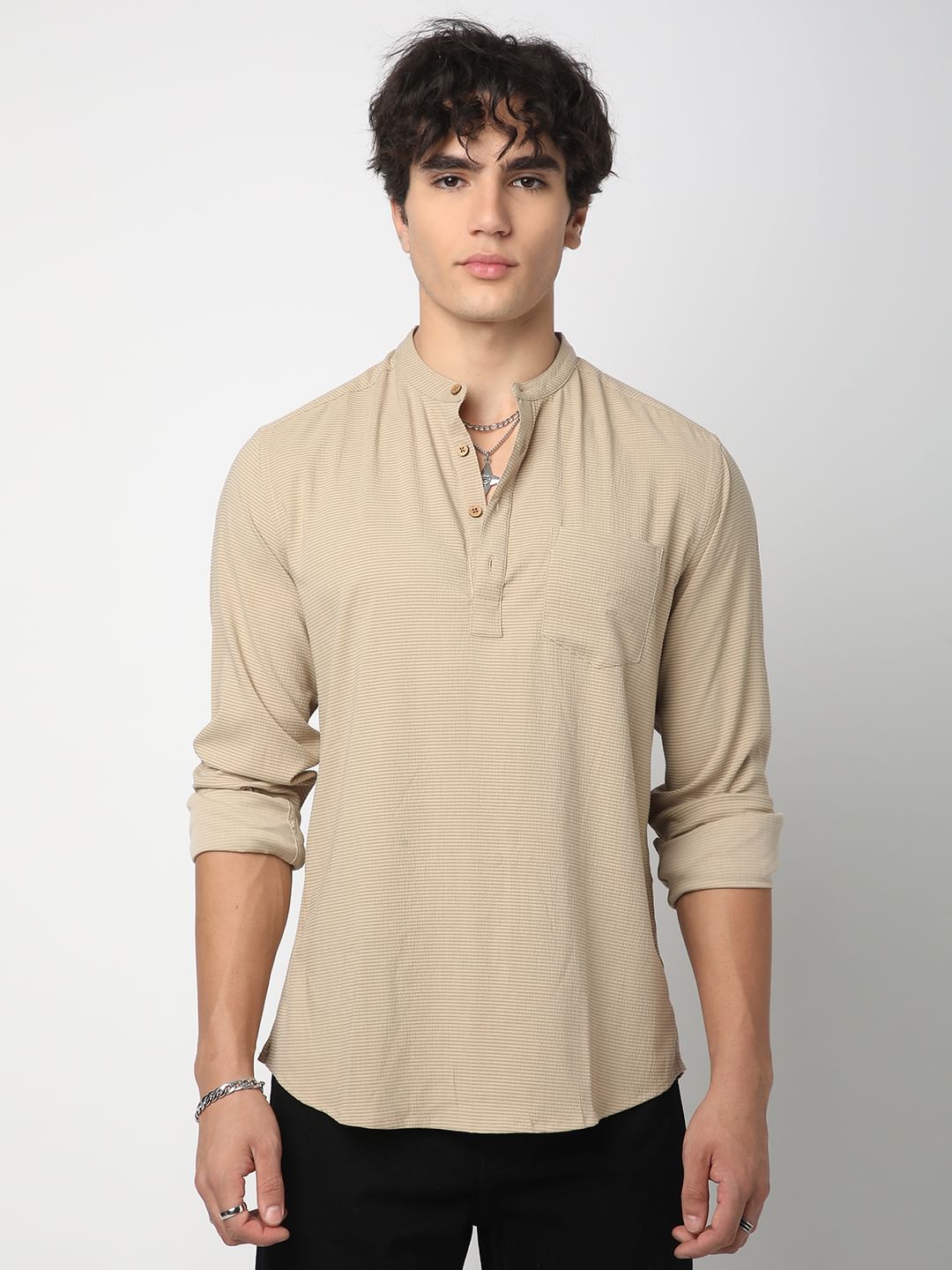 Tan Beige Horizontal Striped Seersucker Kurta
