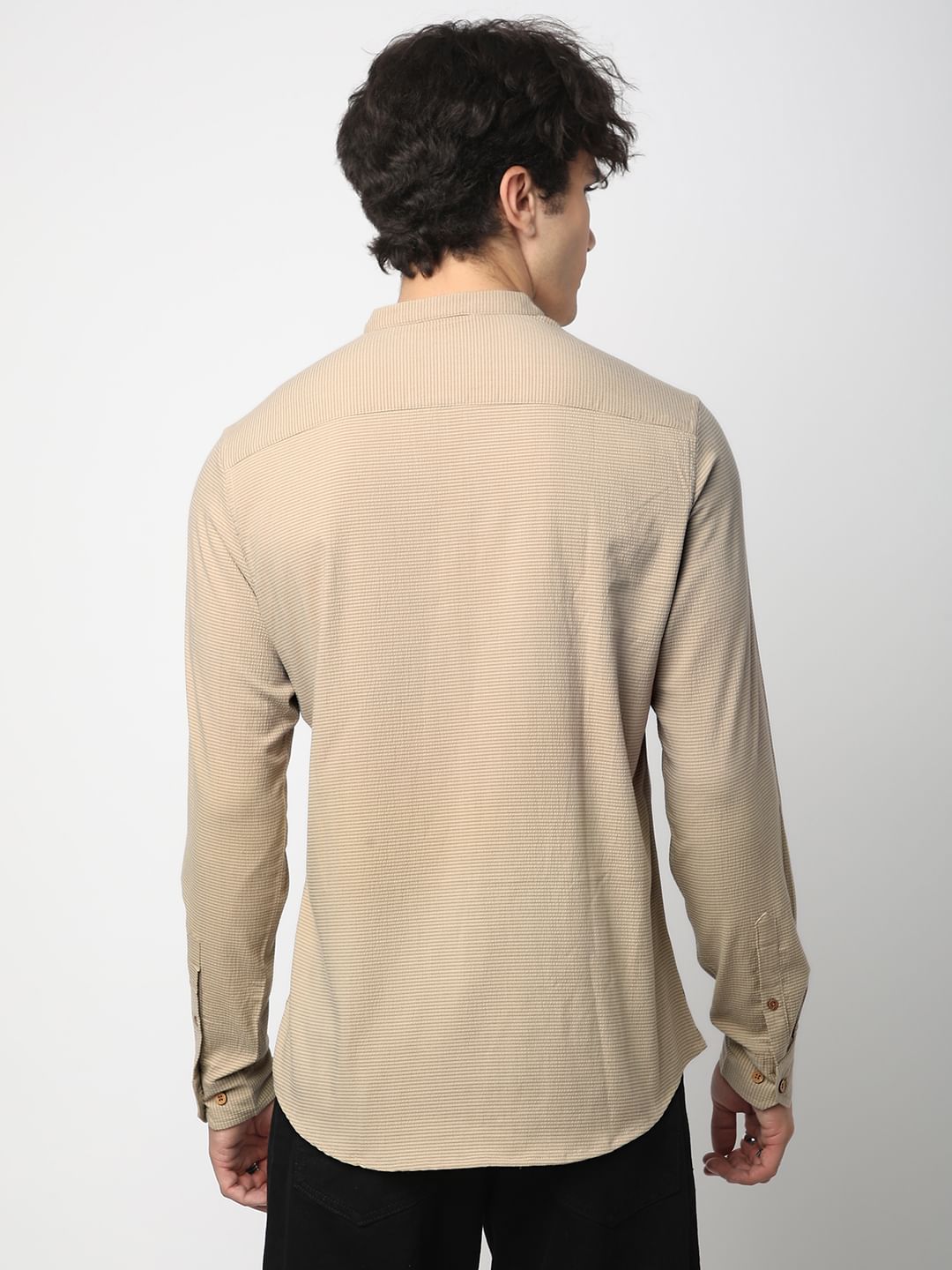 Tan Beige Horizontal Striped Seersucker Kurta
