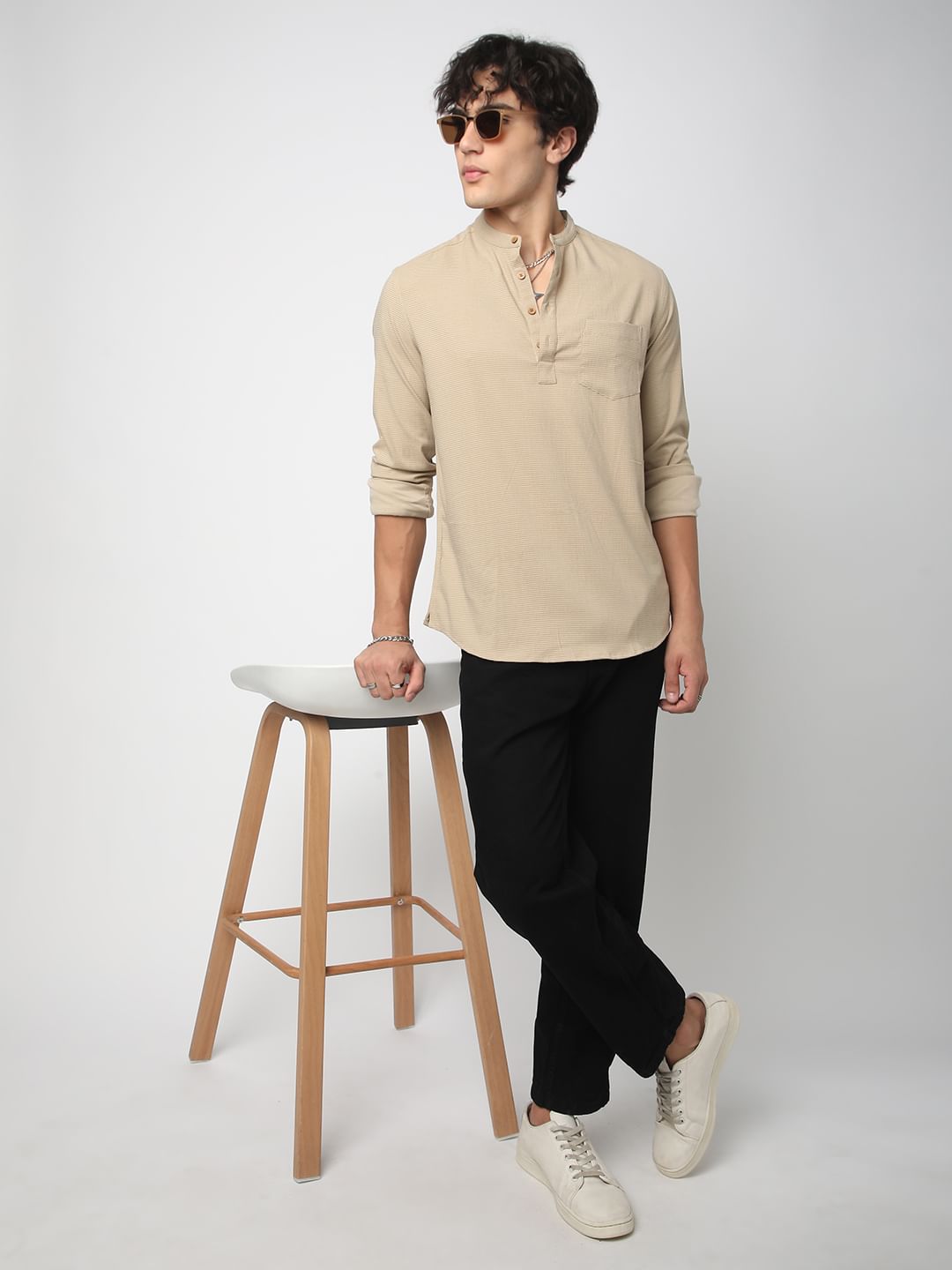 Tan Beige Horizontal Striped Seersucker Kurta