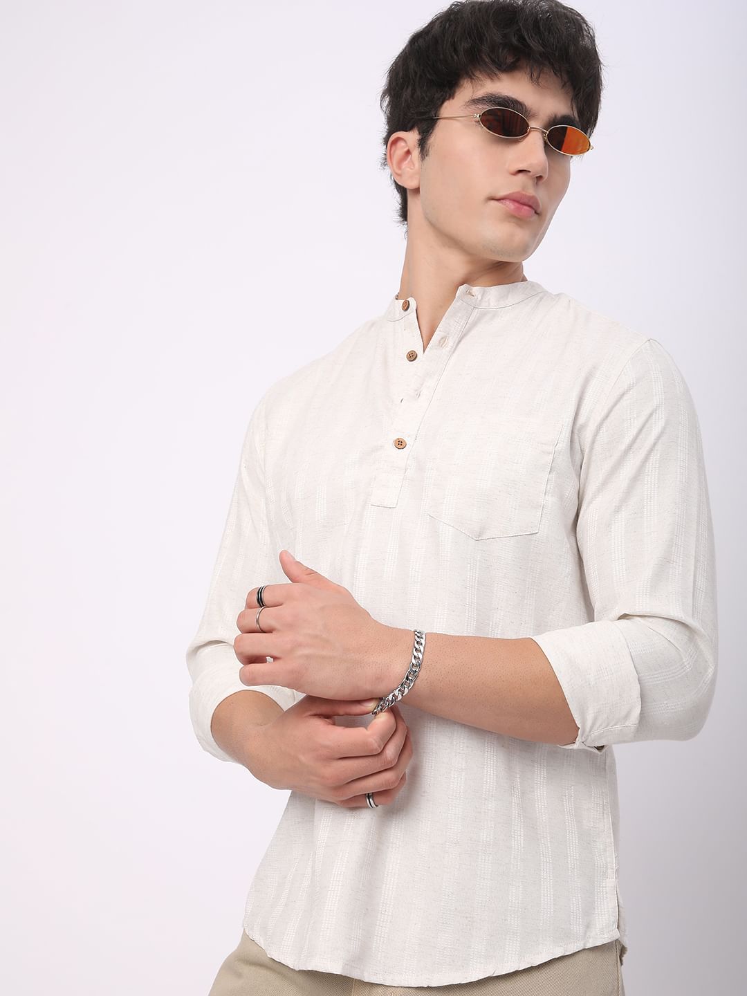 Ivory Dobby Striped Textured Kurta