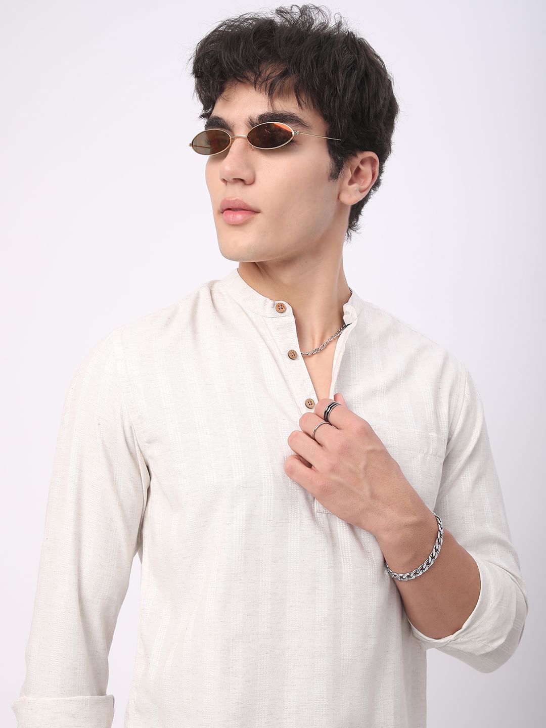 Ivory Dobby Striped Textured Kurta