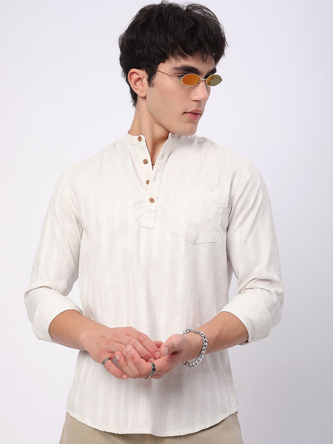 Ivory Dobby Striped Textured Kurta