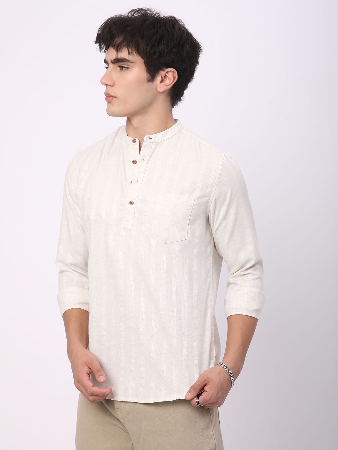 Ivory Dobby Striped Textured Kurta