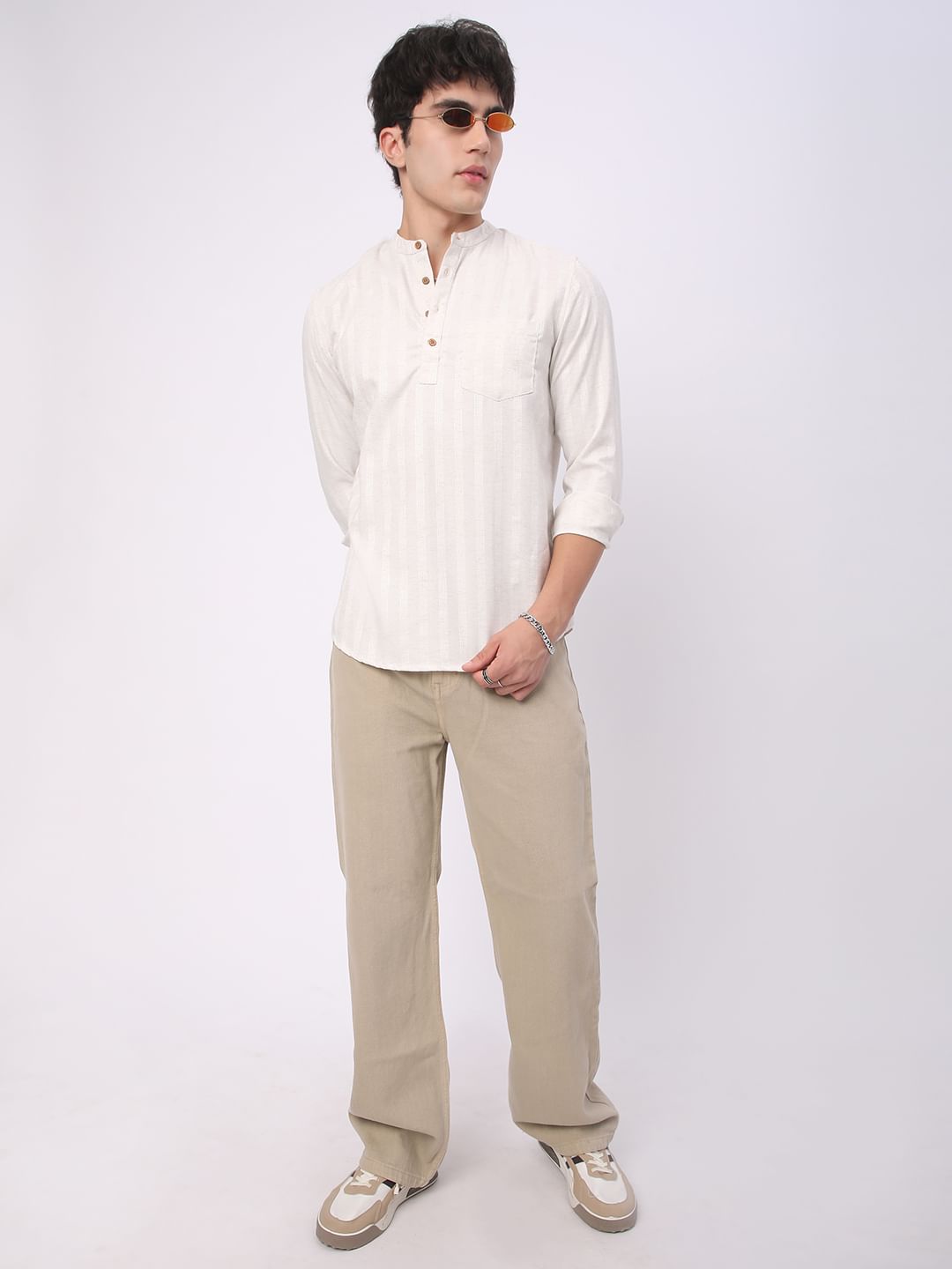 Ivory Dobby Striped Textured Kurta
