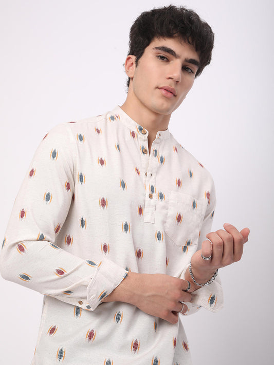 Ivory Ikat Textured Linen Kurta