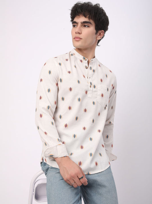 Ivory Ikat Textured Linen Kurta