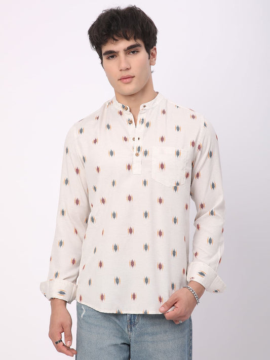 Ivory Ikat Textured Linen Kurta