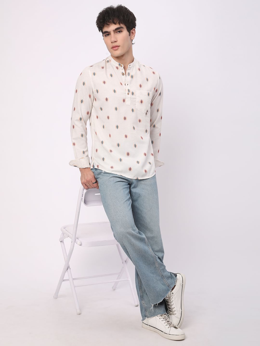 Ivory Ikat Textured Linen Kurta